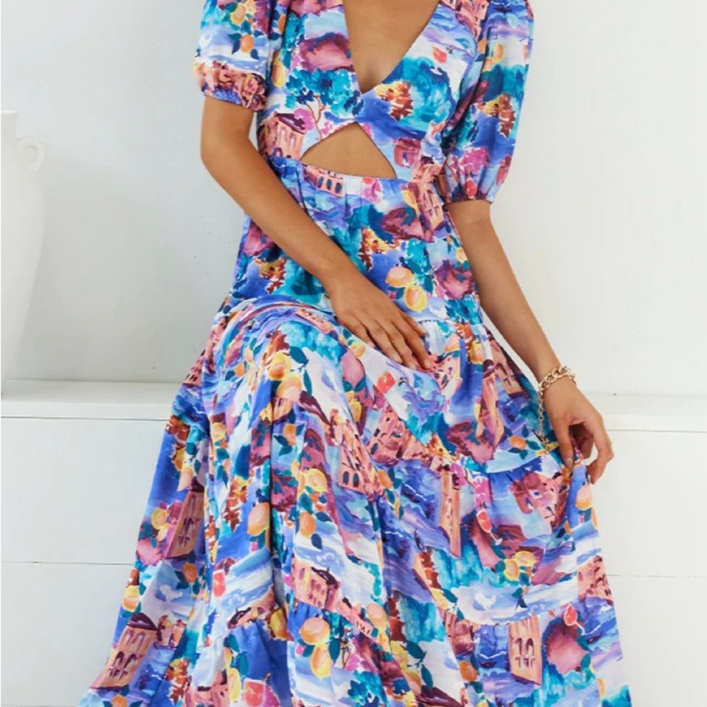 Blue and Pink Puff Sleeve Maxi Sundress